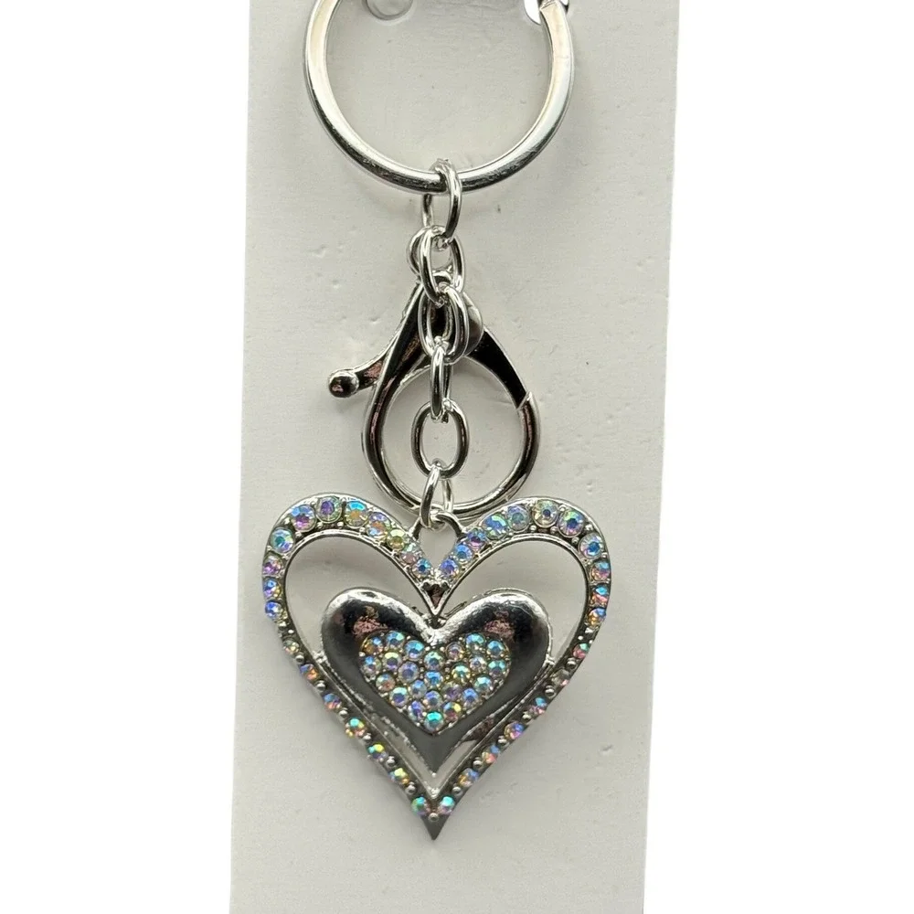 Silver Tone Rhinestone Double Heart‎ Keychain Bag Charm AB Crystal Sparkle